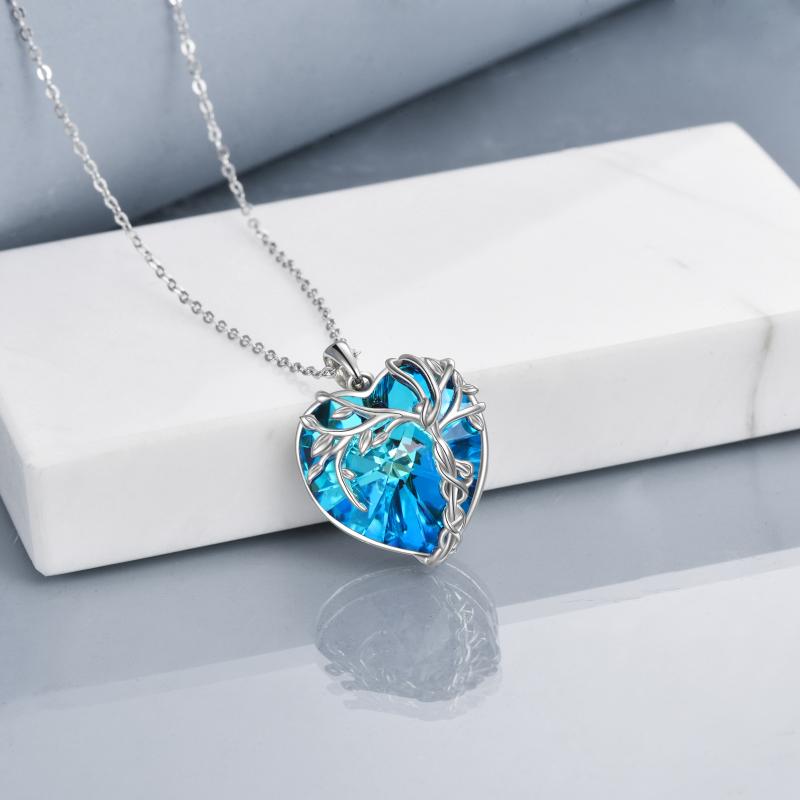 Tree of Life Necklace Sterling Silver Blue Crystal