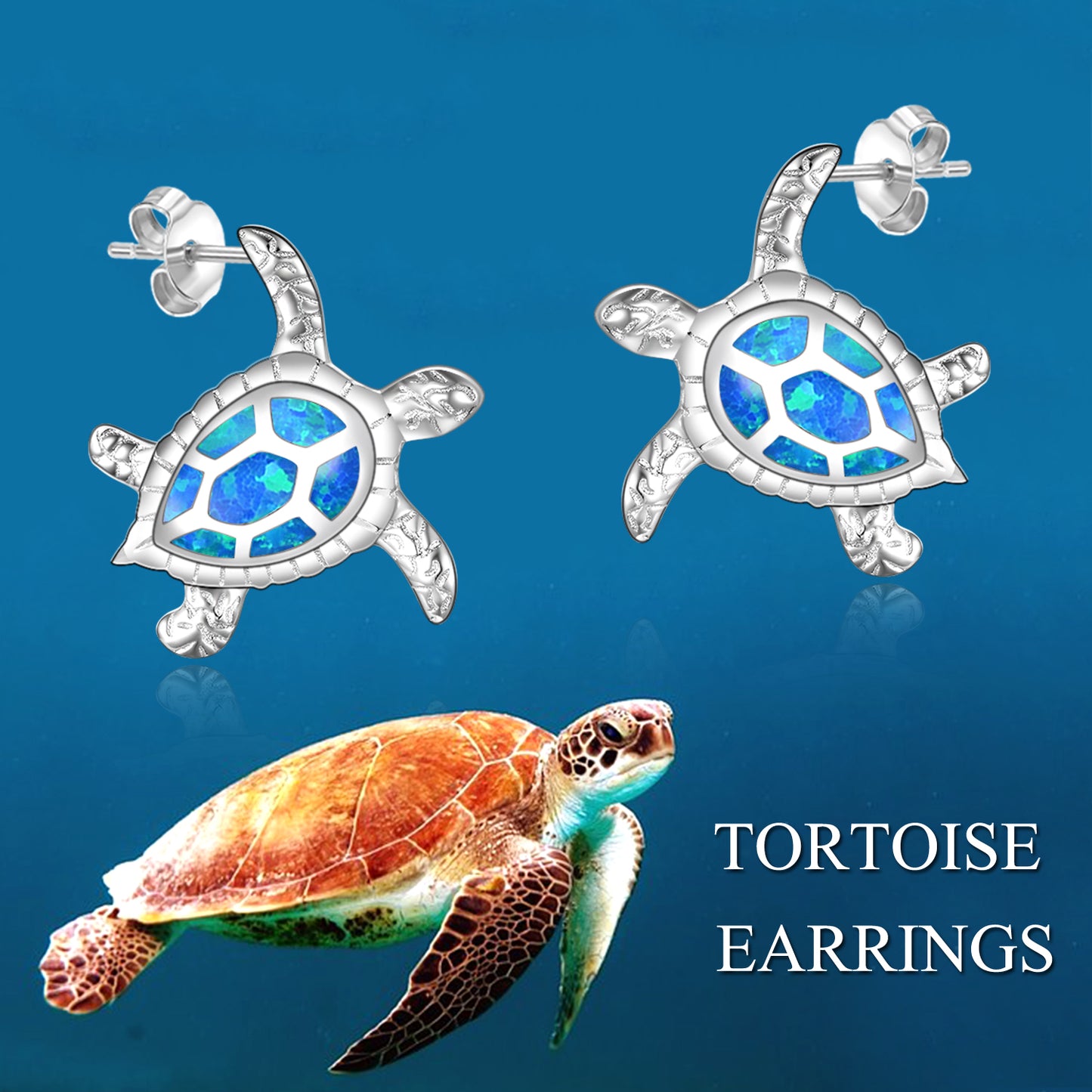 Sea Turtle Blue Opal Ocean Stud Earrings