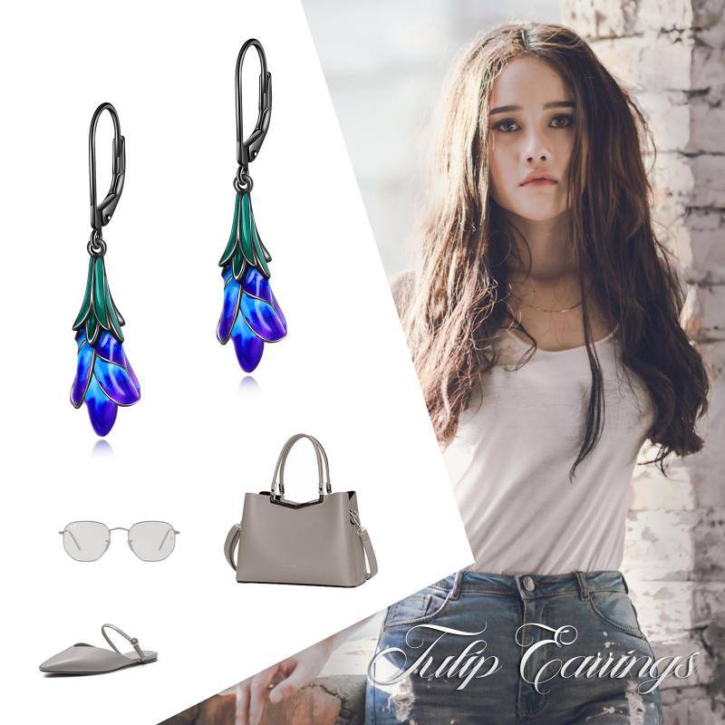 Purple Tulip Flower Dangle Handmade Dangle Drop Earrings