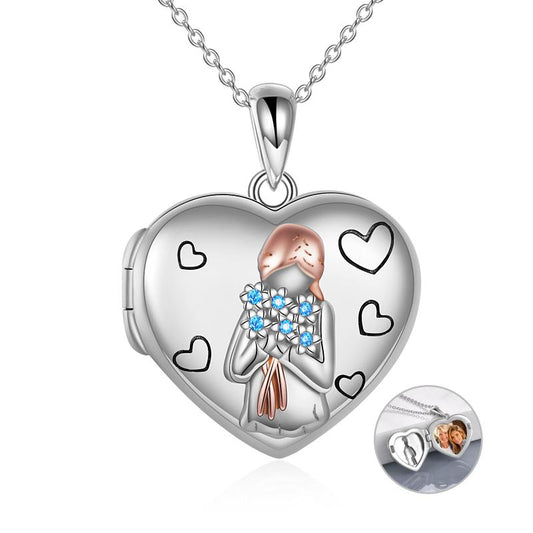 Sterling Silver Forget-me-not Heart Locket Necklace