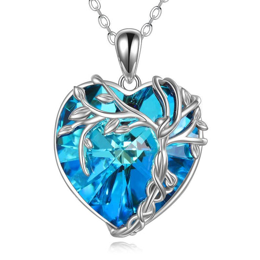 Tree of Life Necklace Sterling Silver Blue Crystal