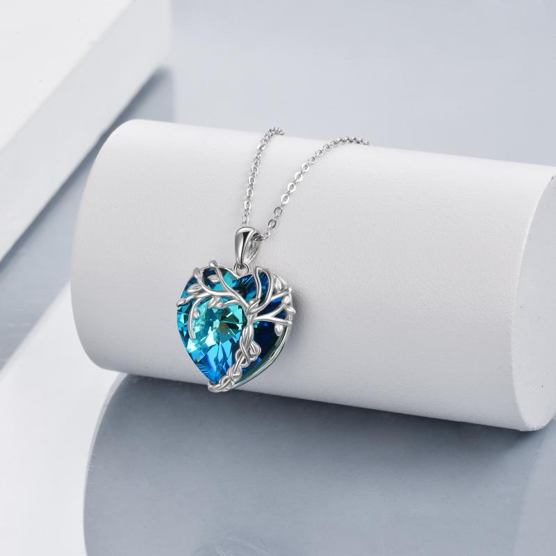 Tree of Life Necklace Sterling Silver Blue Crystal